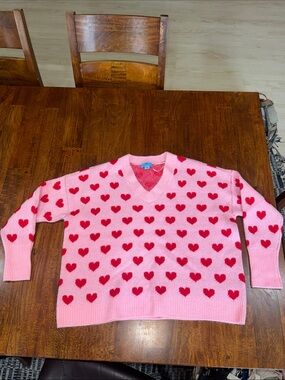 Cece Women’s Pink V-Neck Sweater with Red Heart Pattern